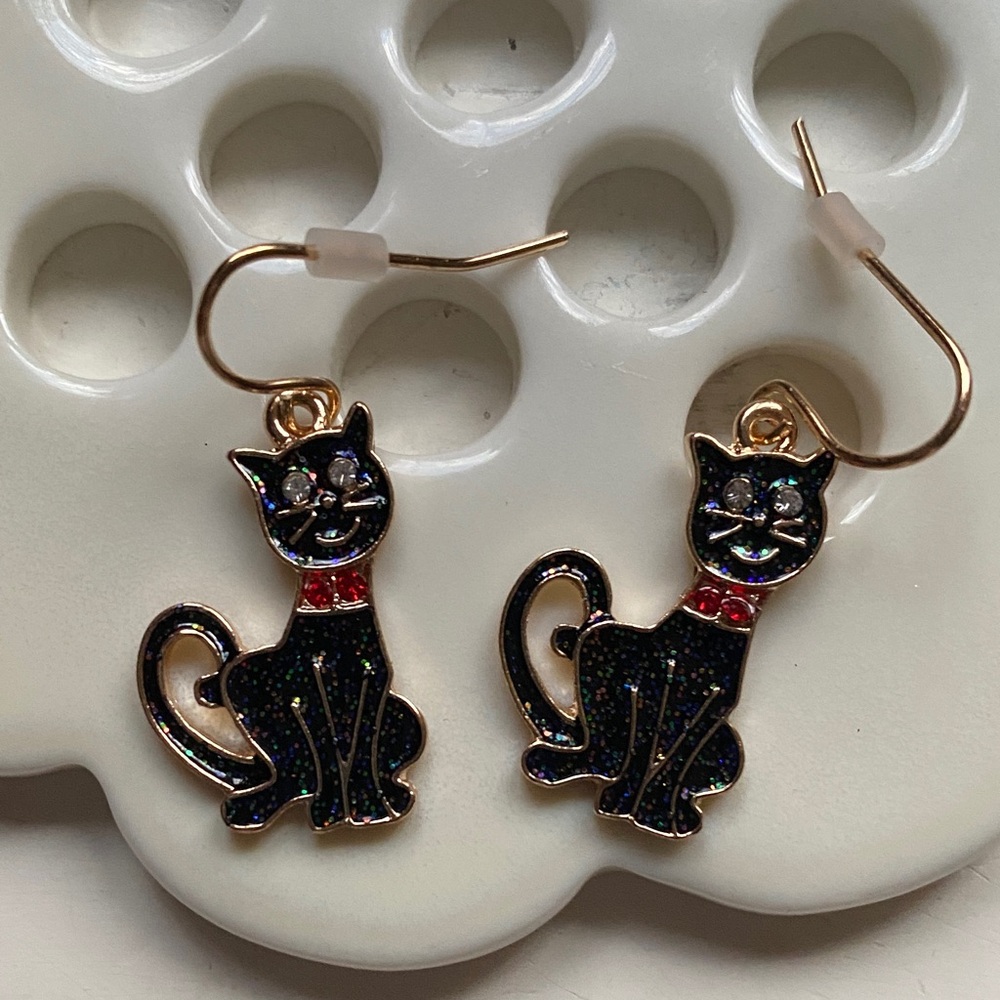 Cute black cat iridescent earrings, new dangle